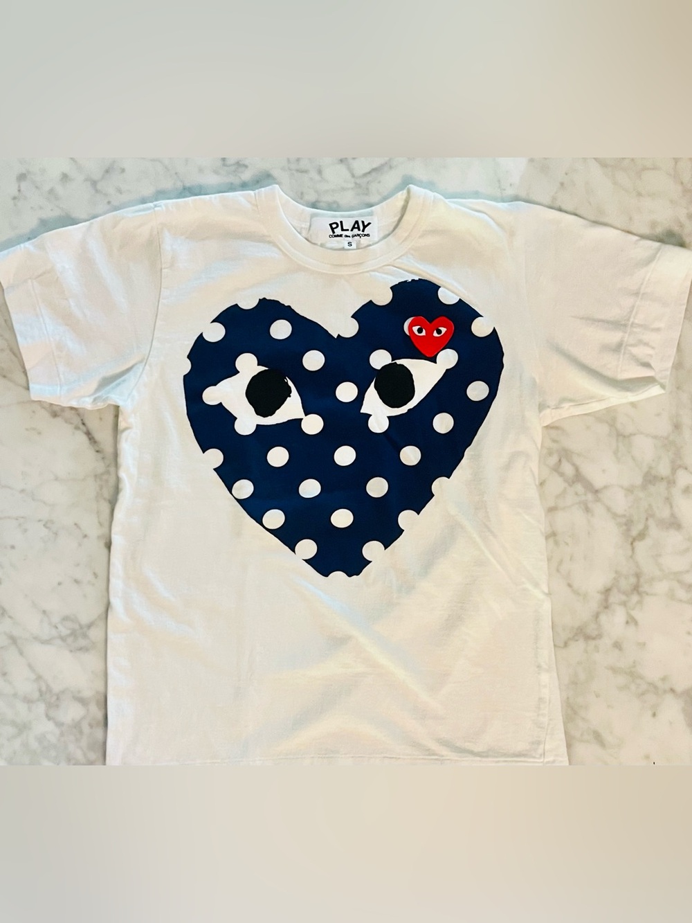 Comme des Garçons PLAY Polka Dot Heart Tee - White & Navy with Red Heart